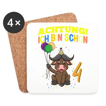 Achtung Ich Bin Schon 4 Geburtstag Büffel Bison - Untersetzer (4er-Set) - Weiß - Vorne