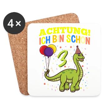 Achtung Ich Bin Schon 3 Geburtstag Dinosaurier - Untersetzer (4er-Set) - Weiß - Vorne