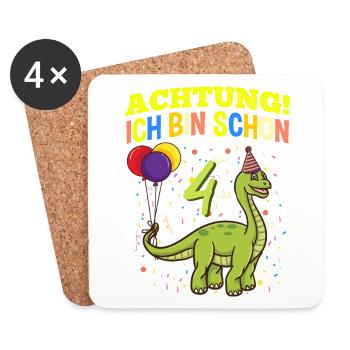 Achtung Ich Bin Schon 4 Geburtstag Dinosaurier - Untersetzer (4er-Set) - Weiß - Vorne