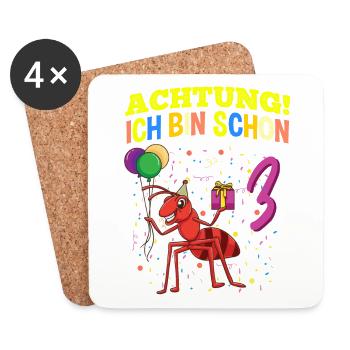Achtung Ich Bin Schon 3 Tier Geburtstag Ameise - Untersetzer (4er-Set) - Weiß - Vorne