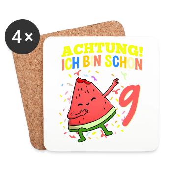Achtung Ich Bin Schon 9 Geburtstag Wassermelone - Untersetzer (4er-Set) - Weiß - Vorne