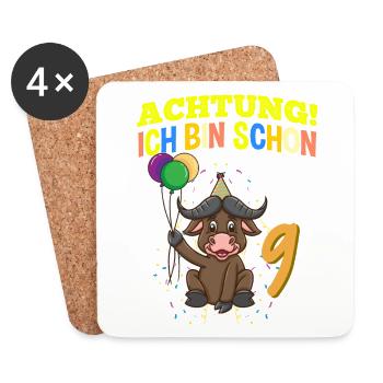 Achtung Ich Bin Schon 9 Geburtstag Büffel Bison - Untersetzer (4er-Set) - Weiß - Vorne