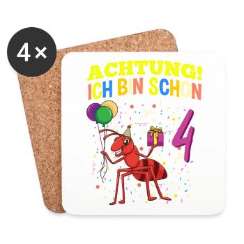 Achtung Ich Bin Schon 4 Tier Geburtstag Ameise - Untersetzer (4er-Set) - Weiß - Vorne