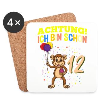 Achtung Ich Bin Schon 12 Zoo Tier Geburtstag Affe - Untersetzer (4er-Set) - Weiß - Vorne