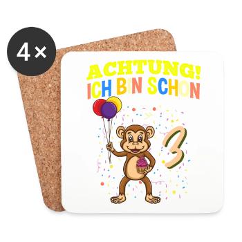 Achtung Ich Bin Schon 3 Zoo Tier Geburtstag Affe - Untersetzer (4er-Set) - Weiß - Vorne