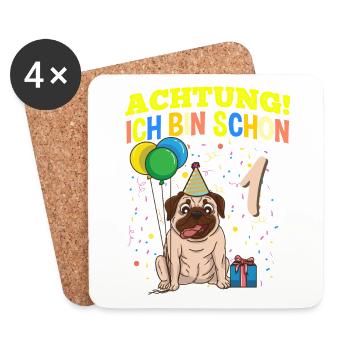 Achtung Ich Bin Schon 1 Tier Geburtstag Mops - Untersetzer (4er-Set) - Weiß - Vorne