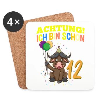 Achtung Ich Bin Schon 12 Geburtstag Büffel Bison - Untersetzer (4er-Set) - Weiß - Vorne