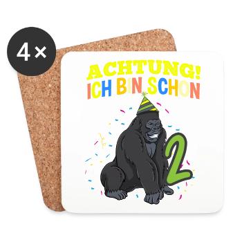 Achtung Ich Bin Schon 2 Geburtstag Gorilla - Untersetzer (4er-Set) - Weiß - Vorne