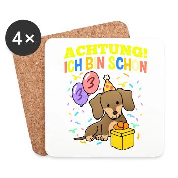 Achtung Ich Bin Schon 3 Geburtstag Dackel - Untersetzer (4er-Set) - Weiß - Vorne