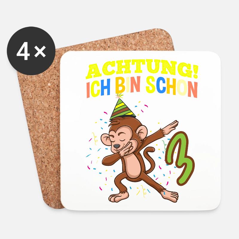 Achtung Ich Bin Schon 3 Geburtstag Affen - Untersetzer (4er-Set) - Weiß