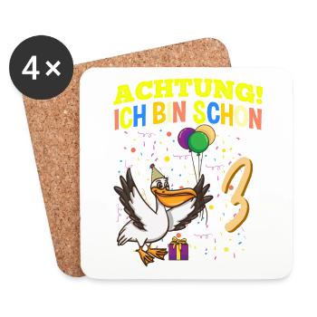 Achtung Ich Bin Schon 3 Tier Geburtstag Pelikan - Untersetzer (4er-Set) - Weiß - Vorne