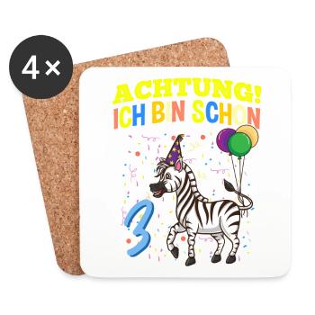 Achtung Ich Bin Schon 3 Tier Geburtstag Zebra - Untersetzer (4er-Set) - Weiß - Vorne
