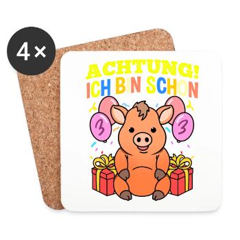 Achtung Ich Bin Schon 3 Geburtstag Warzenschwein - Untersetzer (4er-Set) - Weiß - Vorne