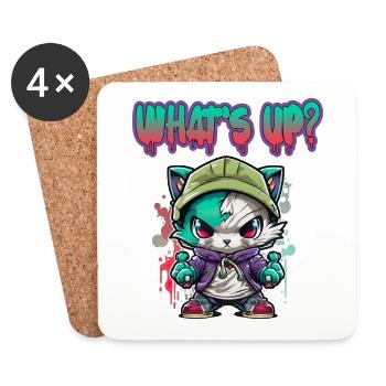Streetstyle Katze Graffiti What Up Streetart - Untersetzer (4er-Set) - Weiß - Vorne