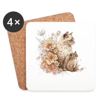 Katze Kunst Blumen Katzenmotiv - Untersetzer (4er-Set) - Weiß - Vorne