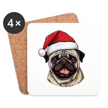 Carlin chien Carlin tête de Noël Portrait - Dessous de verre (lot de 4) - blanc - Devant
