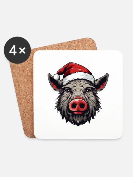 Wildschwein Kopf Weihnachten Portät - Untersetzer (4er-Set) - Weiß