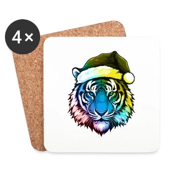 Portrait de Noël tête de tigre multicolore - Dessous de verre (lot de 4) - blanc - Devant