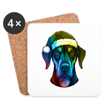 Doberman Dog Head Christmas Portrait Colorful - Coasters (set of 4) - white - Front