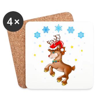 Reindeer Rudolf with Santa hat - Coasters (set of 4) - white - Front