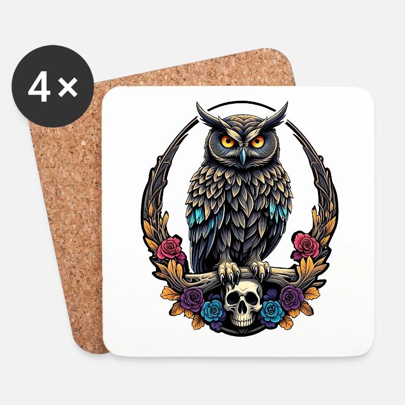 Dekorative Eule mit Skull und Rosenblüten - Untersetzer (4er-Set) - Weiß