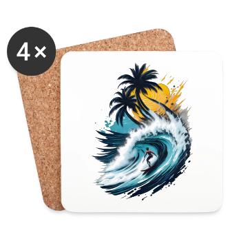 Surfeurs sur une grosse vague devant les palmiers - Dessous de verre (lot de 4) - blanc - Devant