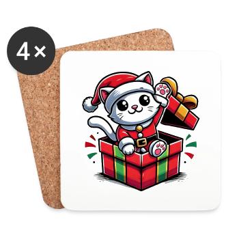 Chat de Noël dans une boîte cadeau - Dessous de verre (lot de 4) - blanc - Devant