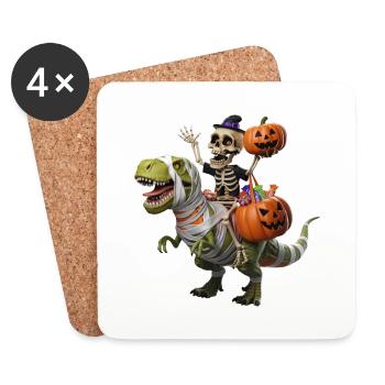 Squelette sur dinosaure avec des citrouilles et des bonbons pour - Dessous de verre (lot de 4) - blanc - Devant