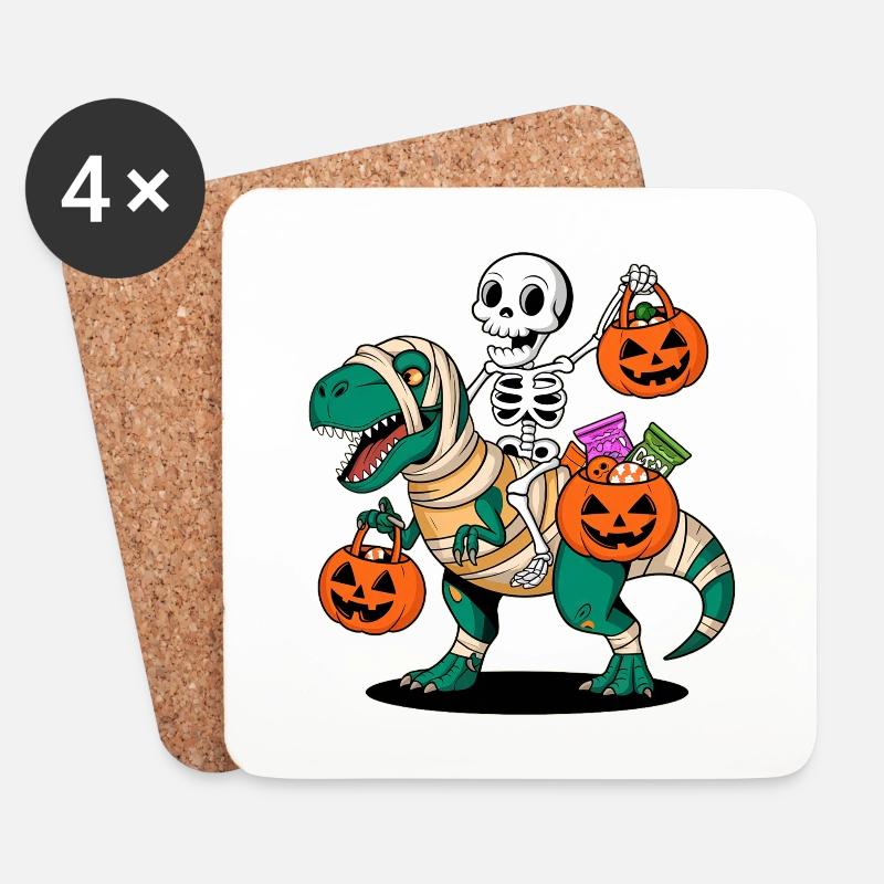 Skelett Und T-Rex Mit Kürbissen Zu Halloween - Untersetzer (4er-Set) - Weiß