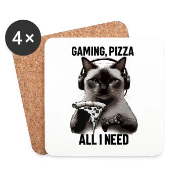 Lustiges Katzen Gaming Pizza Gamer Zocker Zocken - Untersetzer (4er-Set) - Weiß - Vorne
