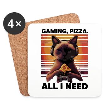 Lustiges Katzen Gaming Pizza Gamer Zocker Zocken - Untersetzer (4er-Set) - Weiß - Vorne