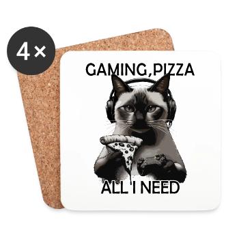 Lustiges Katzen Gaming Pizza Gamer Zocker Zocken - Untersetzer (4er-Set) - Weiß - Vorne