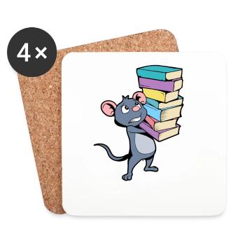 Cartoon Maus mit Bücherstapel - Leseratte - Untersetzer (4er-Set) - Weiß - Vorne