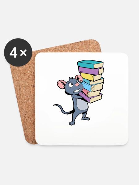 Cartoon Maus mit Bücherstapel - Leseratte - Untersetzer (4er-Set) - Weiß