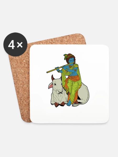 Hindu God - the blue flute player Krishna - Coasters (set of 4) - white