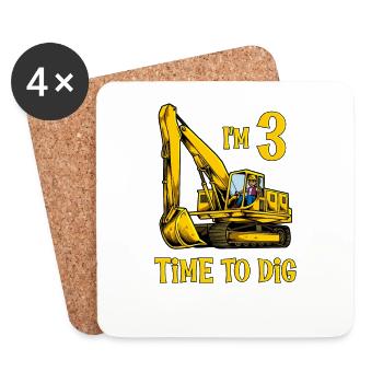 I am 3 - Time to dig - Excavator 3 years - Coasters (set of 4) - white - Front
