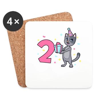 Avec chat - anniversaire de fille 2 ans - Dessous de verre (lot de 4) - blanc - Devant