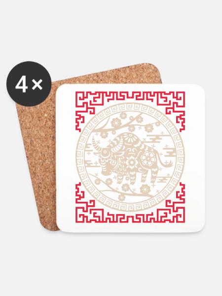 Chinesisches Horoskop China Jahr des Ochsen - Untersetzer (4er-Set) - Weiß