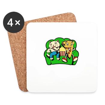Katze und Pizza essen Popcorn - Untersetzer (4er-Set) - Weiß - Vorne