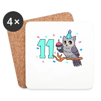 Avec hibou - Anniversaire des enfants 11 ans - Dessous de verre (lot de 4) - blanc - Devant