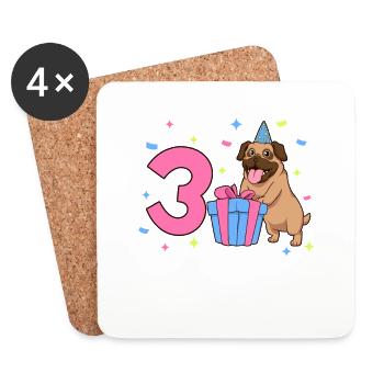 With Pug - Girl Birthday 3 Years - Coasters (set of 4) - white - Front