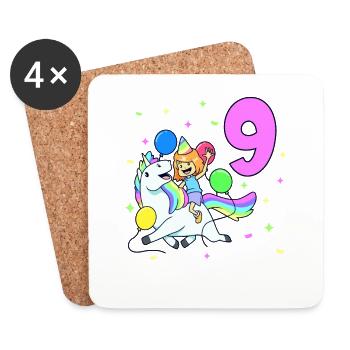 Avec licorne - Anniversaire de fille 9 ans - Dessous de verre (lot de 4) - blanc - Devant