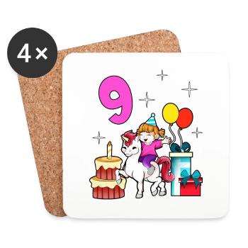 Avec licorne - Anniversaire de fille 9 ans - Dessous de verre (lot de 4) - blanc - Devant