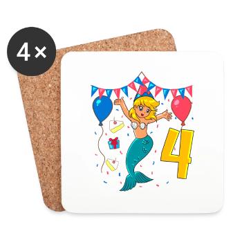 With Mermaid - Girl Birthday 4 Years - Coasters (set of 4) - white - Front