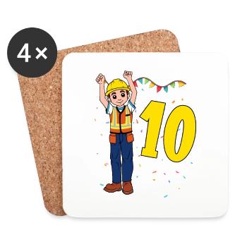 With construction worker - boys' birthday 10 years - Coasters (set of 4) - white - Front