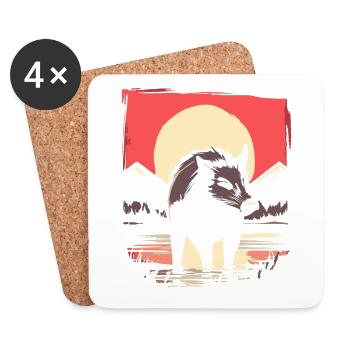 Japanese Red Sun: Wild Boar Pig - Coasters (set of 4) - white - Front