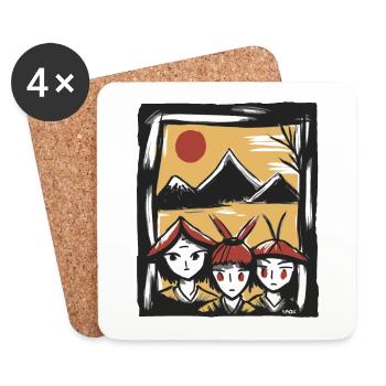 Three cute rice farmers under the Japanese sun - Coasters (set of 4) - white - Front