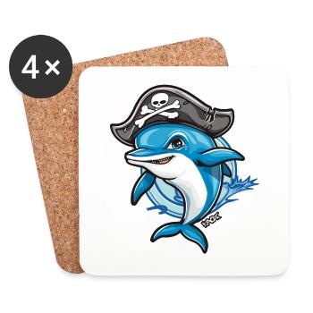 Pirate dauphin de dessin animé - Dessous de verre (lot de 4) - blanc - Devant