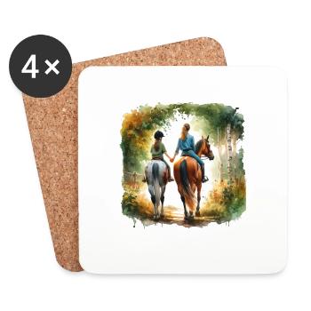 Mère et fille - Balade à cheval à l’aquarelle - Dessous de verre (lot de 4) - blanc - Devant