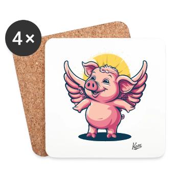 Cochon ange rose avec des ailes - Dessous de verre (lot de 4) - blanc - Devant